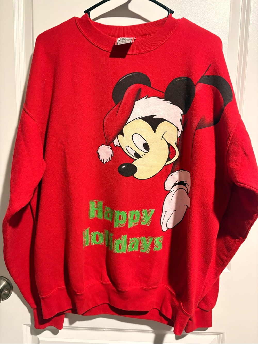 Vintage Disney Red Mickey Mouse Holiday Sweatshirt with Green Lettering